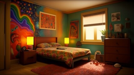 bedroom with nostalgic 90's theme with vibrant and eye-catching psychedelic art on simple plain wall background - ideal for real estate photography and interior design. generative ai