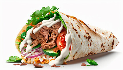 Shawarma with meat and vegetables on a white background isolate. Generative AI,