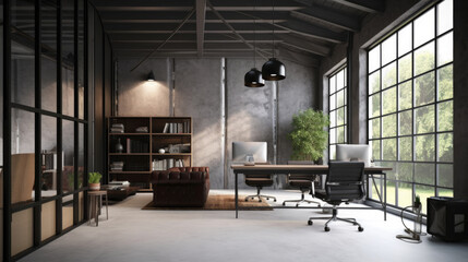 Contemporary Office. Industrial Interior Design Background. Generative AI.