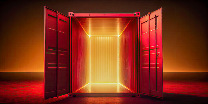Maritime container with open door in different colors for transporting goods, industry concept, Generative AI