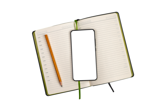 Mobile phone screen mockup, display mock-up on business paper planner, organizer isolated on white background. Smartphone app concept