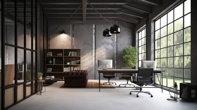 Contemporary Office. Industrial Interior Design Background. Generative AI.