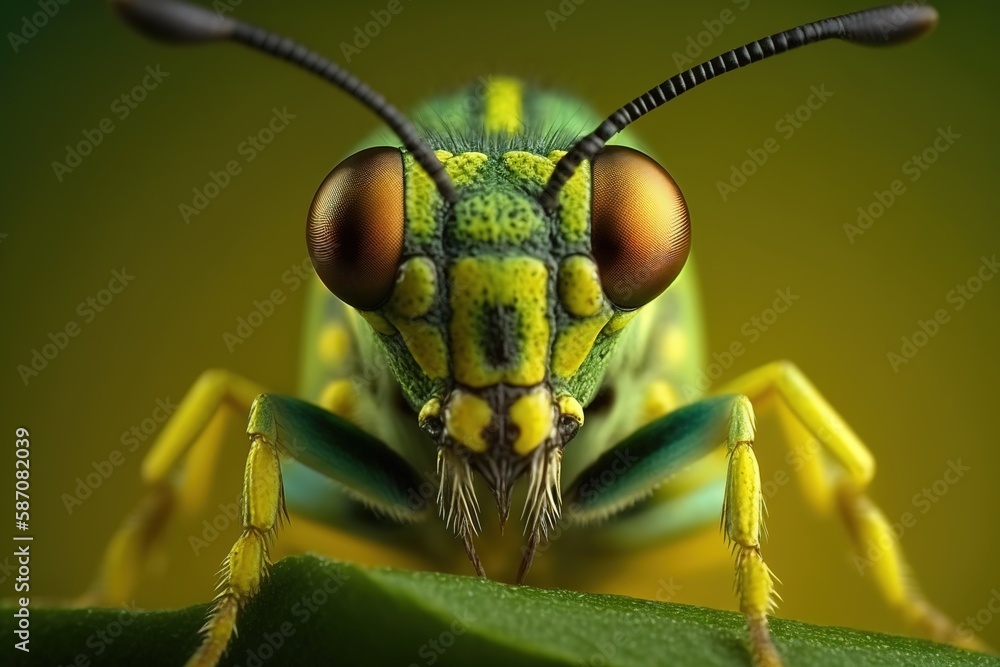Poster a yellow bug on a green backdrop, seen from the front 2 generative ai