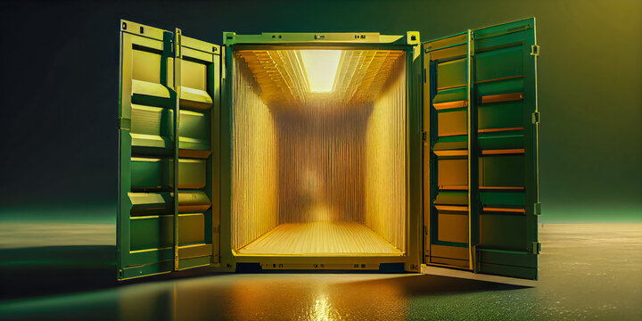 Maritime container with open door in different colors for transporting goods, industry concept, Generative AI