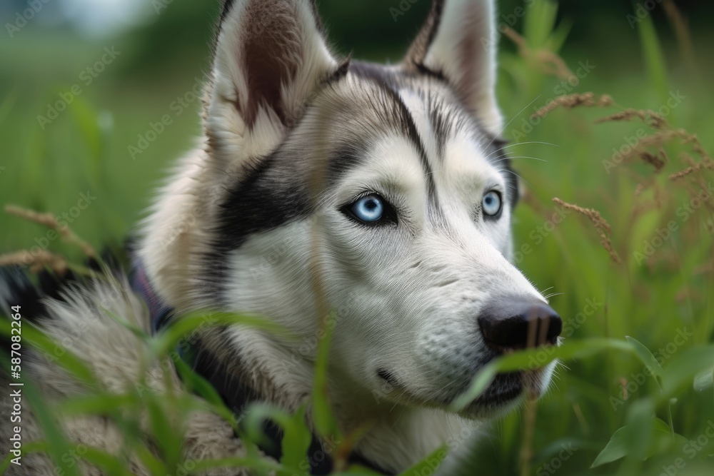 Sticker Husk dog. Husky. On a background of grass is a dog. The dog is seen up close. Generative AI