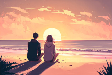 A couple enjoying the sunset at the beach. Romantic and delicate illustration, representing the love, tenderness and beauty of this magical moment shared by two. Generative AI
