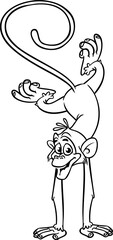 Cartoon funny monkey handstanding and doing circus trick. Vector illustration of happy monkey chimpanzee outlines for coloring pages book