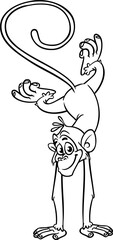Cartoon funny monkey handstanding and doing circus trick. Vector illustration of happy monkey chimpanzee outlines for coloring pages book
