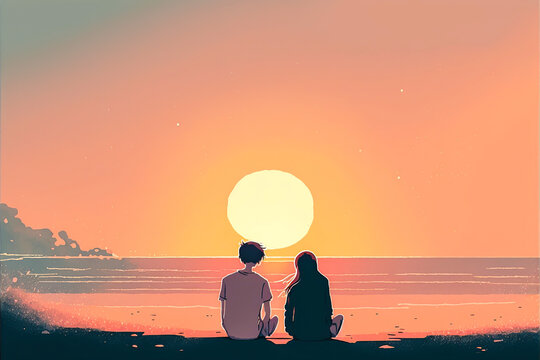 Romantic couple capturing a sunset on the beach. Soft and feminine image that reflects the tenderness, love and shared beauty of a special moment together. Generative AI