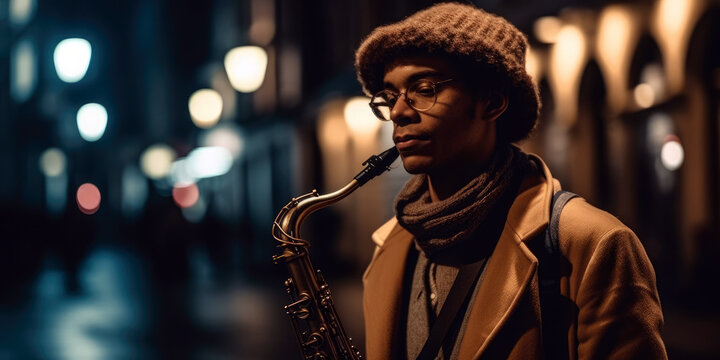 Solo Saxophonist, saxophonist, standing under a streetlight at dusk, playing a soulful, jazz-infused tune (created with Generative AI)
