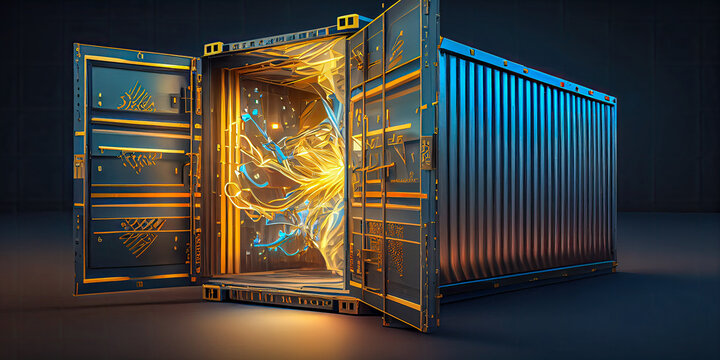 Maritime container with open door in different colors for transporting goods, industry concept, Generative AI
