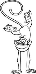Cartoon funny monkey handstanding and doing circus trick. Vector illustration of happy monkey chimpanzee outlines for coloring pages book