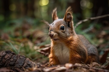 Naklejka na ściany i meble a wild squirrel sitting in the woods. Generative AI