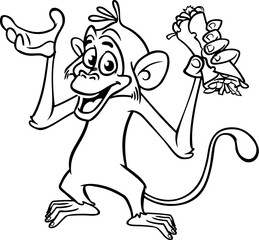 Fototapeta premium Cartoon funny monkey holding kebab or falafel roll streetfood. Vector illustration of happy monkey chimpanzee outlines for coloring pages book