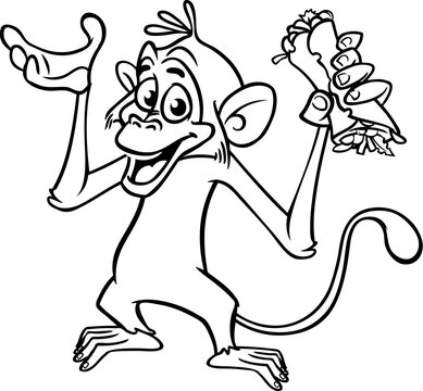 Cartoon funny monkey holding kebab or falafel roll streetfood. Vector illustration of happy monkey chimpanzee outlines for coloring pages book