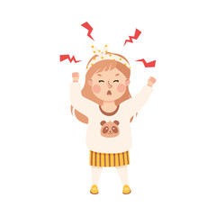 Cute little girl looking angry. Adorable girl dressed casual clothes protesting with her hands raised cartoon vector illustration