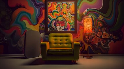 single sofa with nostalgic 90's theme with vibrant and eye-catching psychedelic art on simple plain wall background - ideal for real estate photography and interior design. generative ai