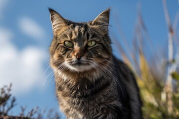 Naklejka na ściany i meble A mixed breed cat stands against a blue sky background. Generative AI
