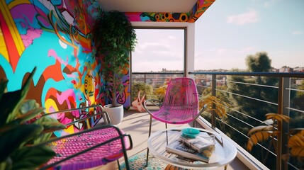 balcony with nostalgic 90's theme with vibrant and eye-catching art on simple plain wall background - ideal for real estate photography and interior design. generative ai