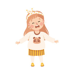 Cute upset little girl crying. Adorable unhappy girl dressed casual clothes cartoon vector illustration