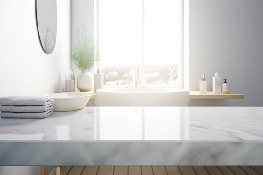Empty marble table top with blurred bathroom interior background 