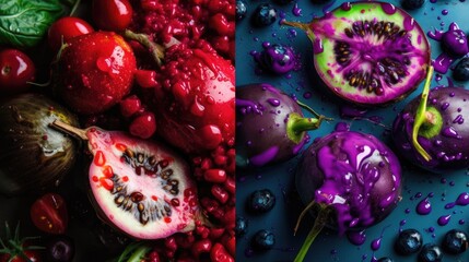Obraz na płótnie Canvas collage of different fruits and berries on blue background, top view
