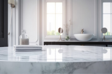 Empty marble table top with blurred bathroom interior background 