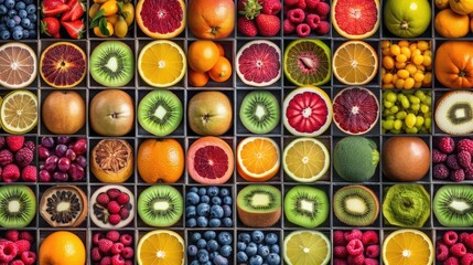 Variety of fresh fruits and berries as a background, top view