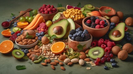Healthy food background. Fruits, berries, nuts and cereals