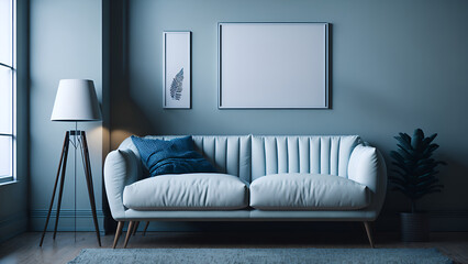 Mockup of three blank photo frames on modern living room sofa and decor product mockup, Generative ai