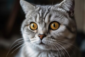 Fototapeta premium Grey Scottish fold cat in a portrait. Short haired tabby kitten. large eyes of yellow. a lovely backdrop for wallpaper, a cover, or a postcard. alone and up close. I adore pets, especially cats