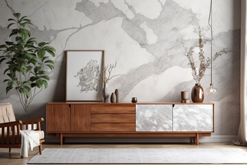 White and gray Japanese living room. Wooden dresser with wall mockup. Marble floor, wallpaper. Modern decor,. Generative AI