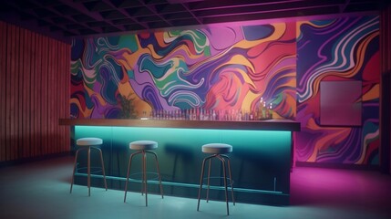 psychedelic 90's bar - nostalgic 90's theme with vibrant and eye-catching psychedelic art on simple plain wall background - ideal for real estate photography and interior design. generative ai