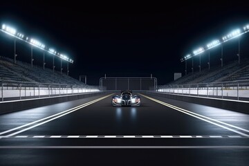 3D realistic the sports stadium for racing car is illuminated with floodlights. Featuring a steel gate, an empty pole position and a racetrack finish line. Generative AI
