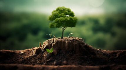 Earth Day single new sapling tree planted, earth renewal, eco friendly environmental concept blurred background wallpaper.  Generative Ai.