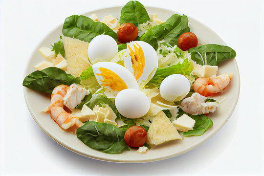 Caesar salad with shrimp on a plate isolate on a white background. Generative AI