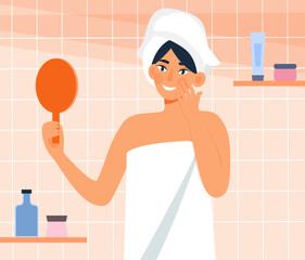 Woman looking at mirror. Young girl in towel stands in bathroom and smiles. Beauty and hygiene, spa treatments. Character take care of her face and body skin. Cartoon flat vector illustration