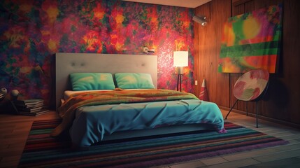 psychedelic 90's bedroom - nostalgic 90's theme with vibrant and eye-catching psychedelic art on simple plain wall background - ideal for real estate photography and interior design. generative ai