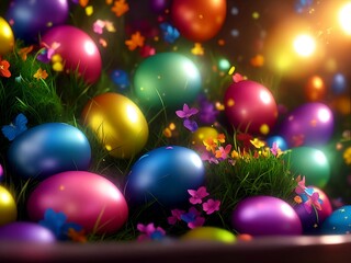 Naklejka na ściany i meble Multicolored Metallic Easter Eggs With Pretty Flowers - Realistic Illustration Eggstravaganza
