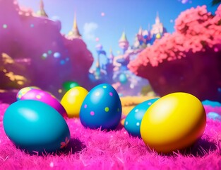 Multicolored Neon Easter Eggs With Castle Background - Realistic Illustration Eggstravaganza