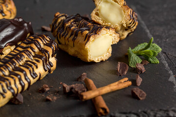Fresh-baked eclair filled with delicious custard