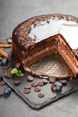 Cake decoration. Chocolate glaze. Chocolate chips
