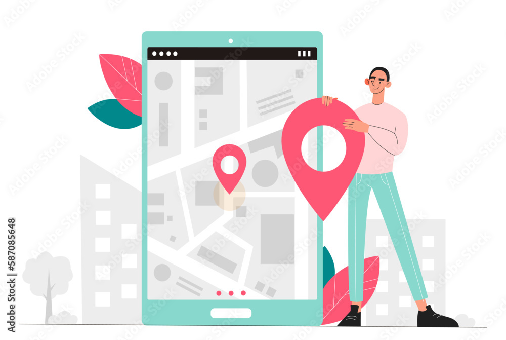 Poster man with address. young guy standing with geolocation tag beside smartphone with map on screen. navi