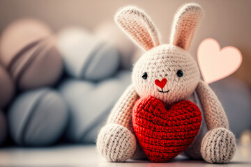 Obraz premium Cute crochet bunny with red knitted heart. Valentine's Day greeting card illustration with copy space. Amigurumi Easter rabbit with heart as a symbol of love. I love you concept. Generative AI.