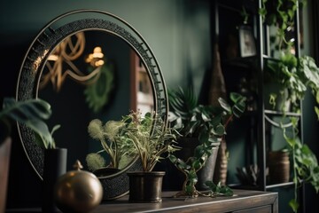 Close up of green plant on black antique cabinet shelf with blurred mirror in boho decor. Planting indoor plants. Generative AI