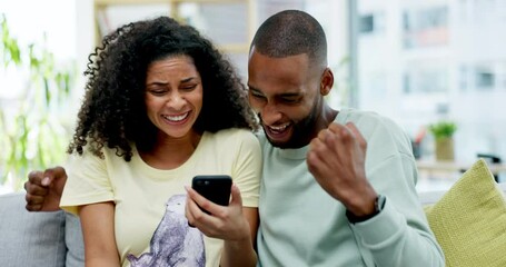 Couple, high five and celebration with phone in home on sofa in living room. Interracial, winner surprise and happy black man and woman with mobile to celebrate good news, prize or winning lottery.