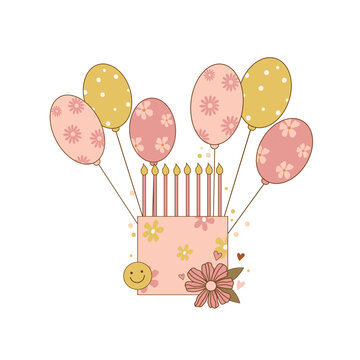 recommend clip art: birthday cake with ballon in pink and yellow pastel color. groovy cake with smile face.