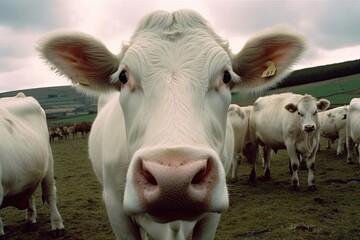 Close up of a white cow on a pasture. Agricultural animal looking through wide angle camera. cute and humorous creatures. UK cattle large, disproportionate, and pink cow nose. Generative AI