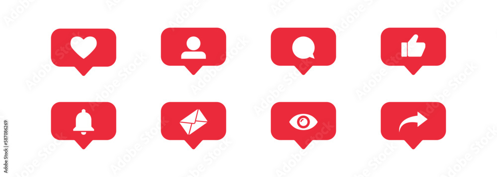 Poster social media icons set. red speech bubble notification, like and comment. collection functional butt