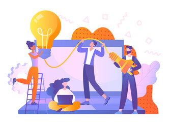 Concept of brainstorm. Men and woman near large light bulb. Metaphor of ideas and insights, creative personalities. Teamwork, partners working on common project. Cartoon flat vector illustration